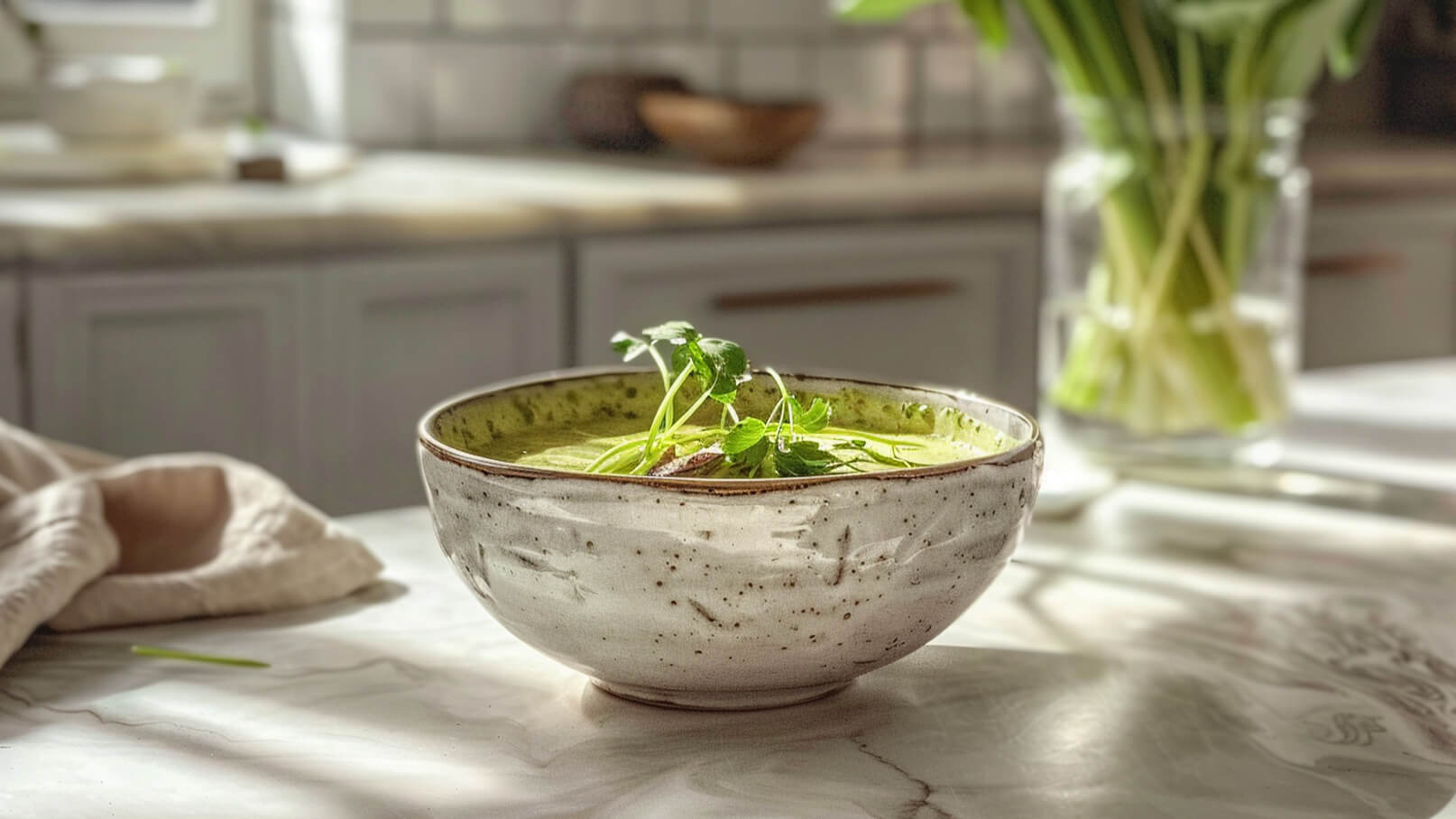 Eine Schüssel mit einer grünen Suppe, garniert mit frischem Koriander. Die Schüssel hat eine rauhe, cremefarbene Oberfläche und steht auf einer marmorierten Tischplatte. Im Hintergrund sind unscharf Küchenutensilien und ein Blumenstrauß zu sehen.