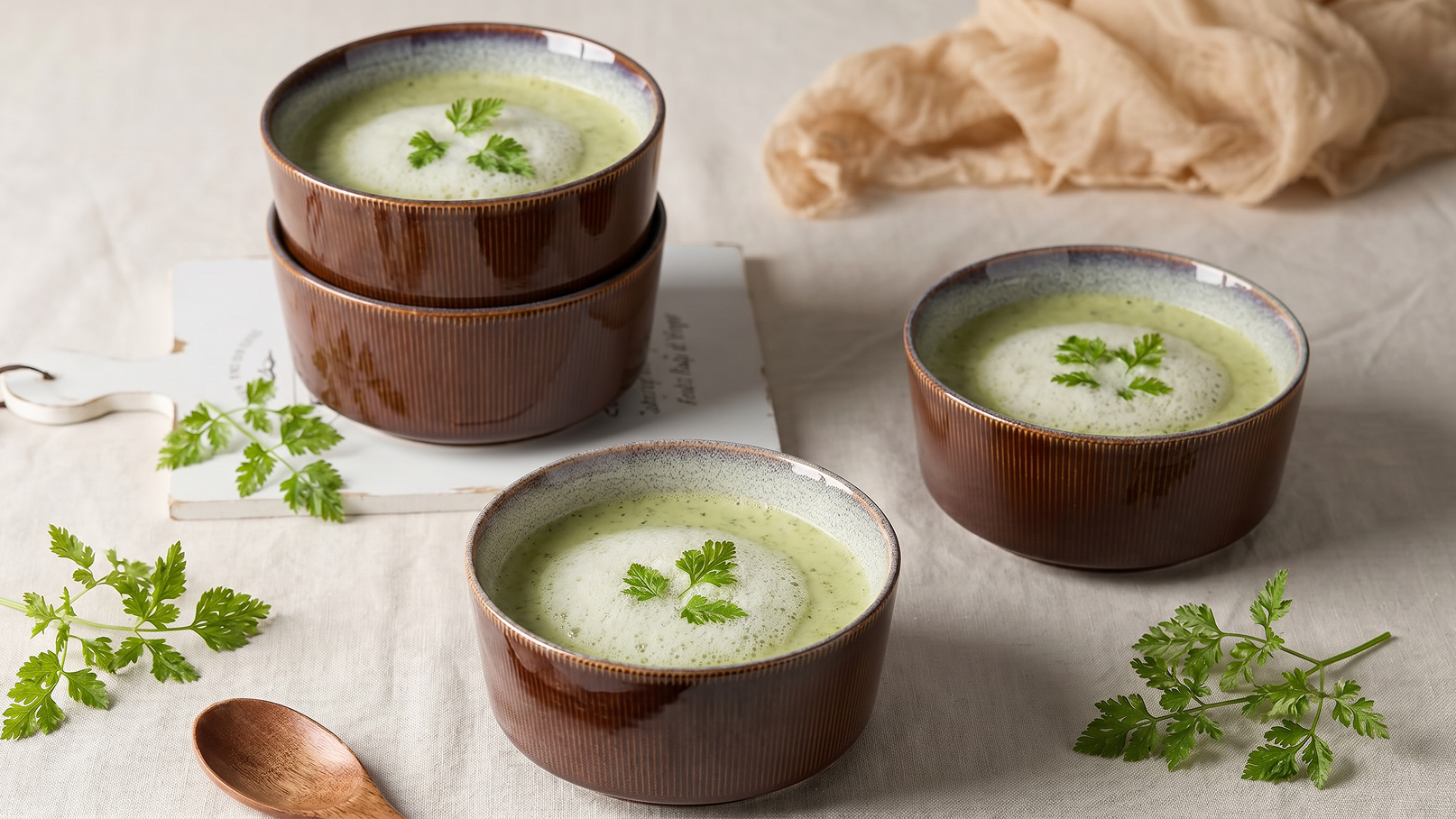 Drei braune Schalen mit einer cremigen, grünen Suppe stehen auf einem hellen Tisch. Jede Schale ist mit einem Blatt frischer Petersilie garniert. Im Hintergrund sind ein Holzlöffel und einige Petersilienzweige sichtbar.
