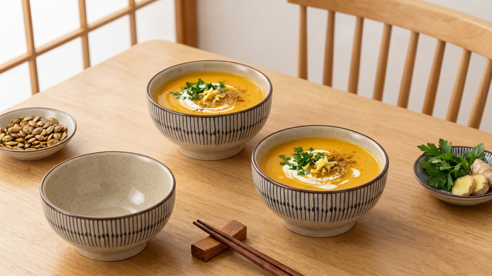 Auf einem Holztisch stehen zwei Schalen Kürbissuppe, garniert mit frischen Kräutern und Gewürzen. Neben den Schalen befindet sich eine leere Schale, Essstäbchen und eine kleine Schüssel mit Kürbiskernen. Im Hintergrund sind unscharfe Holzelemente zu sehen.