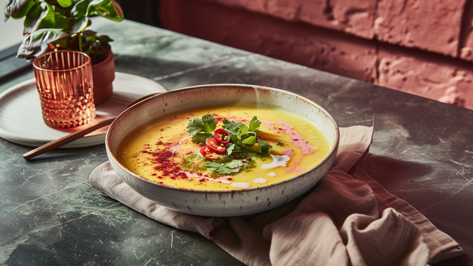 Eine helle, cremige Suppe in einer tiefen Schale, garniert mit frischem Koriander, roten Chilischoten und farbigen Saucen. Die Schale liegt auf einem hellen Tuch, umgeben von einem Tisch mit einer dunklen marmorierten Oberfläche und einer kleinen Pflanze im Hintergrund.