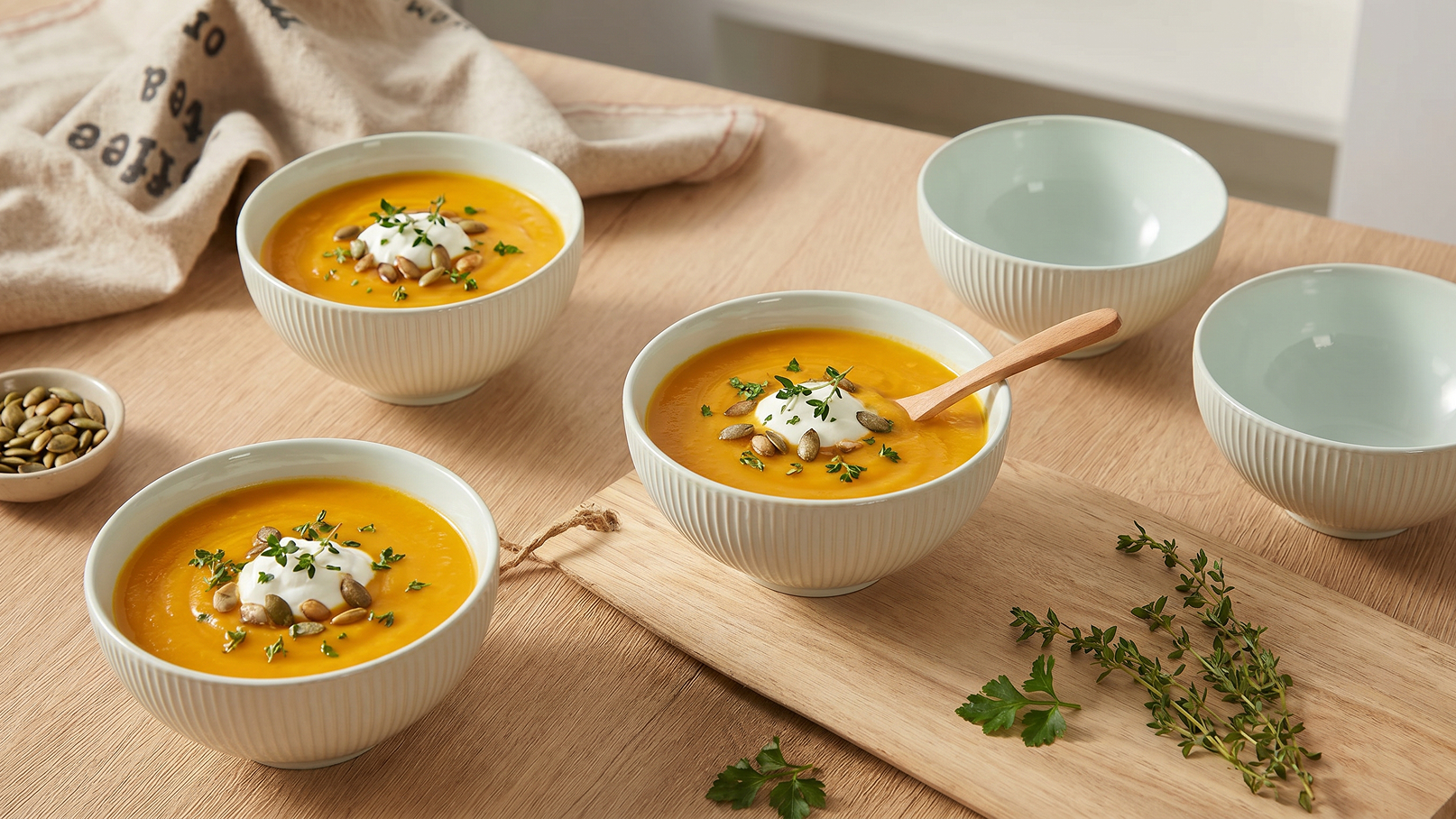 Drei weiße Schalen mit Kürbissuppe stehen auf einem Holzbrett. Die Suppe ist orange und mit frischen Kräutern sowie einem Klecks Sahne garniert. Daneben befinden sich Kernen und kleine, leere Schalen. Der Hintergrund ist hell und neutral.