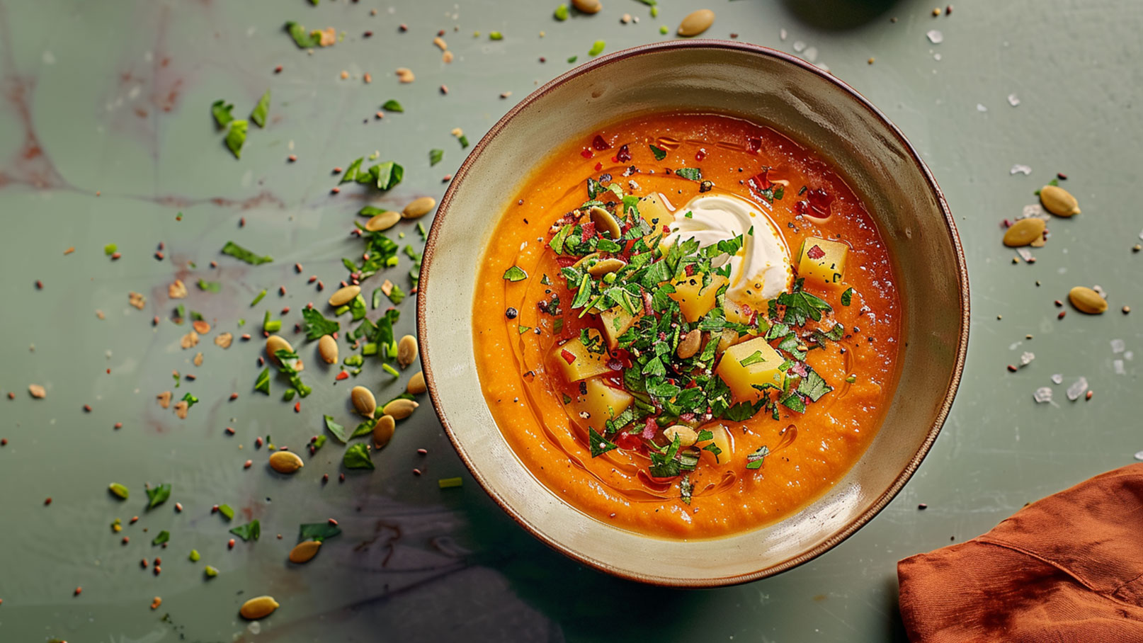 Eine Schüssel mit leuchtender Karottensuppe, garniert mit Sahne, gewürfelten Kartoffeln und frischem Koriander. Um die Schüssel verstreut sind Kräuter und Kürbiskerne. Der Hintergrund ist grün, und ein braunes Tuch liegt am Rand.