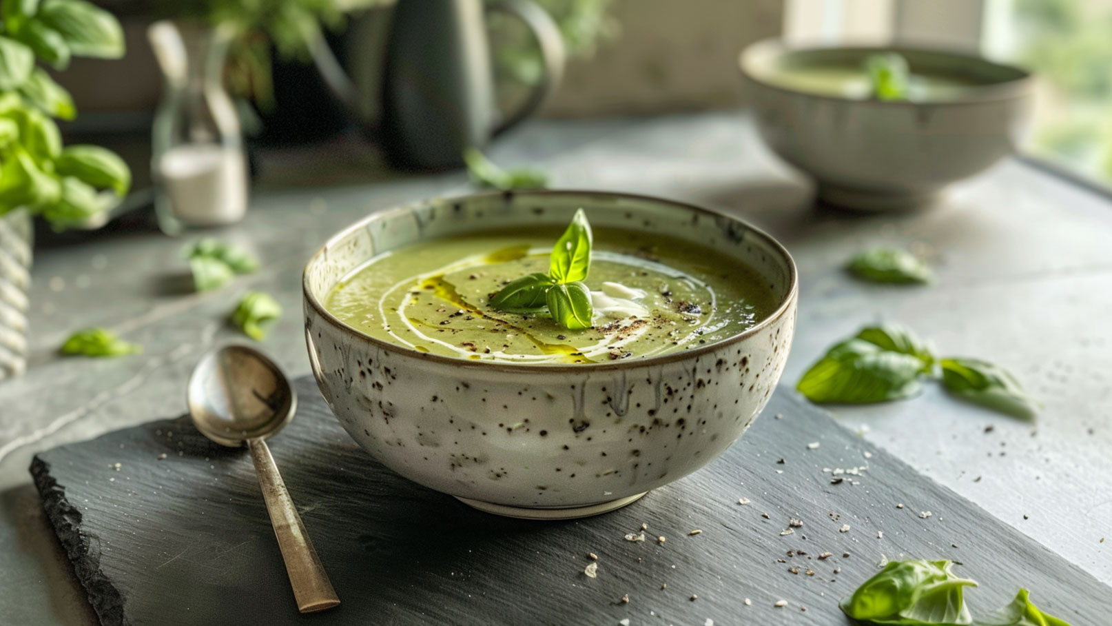 Eine Schüssel mit grüner Suppe, garniert mit frischem Basilikum und einem Spritzer Olivenöl. Neben der Schüssel liegt ein Löffel auf einem dunklen Untersetzer. Im Hintergrund sind verschwommen weitere Küchenutensilien und frische Basilikumblätter zu sehen.