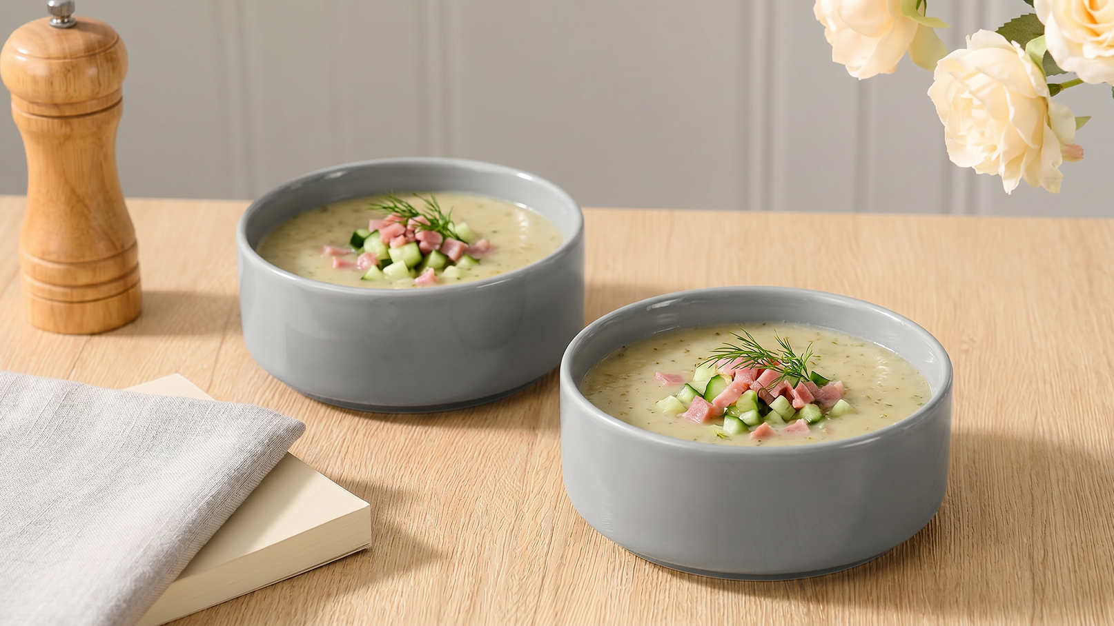Zwei graue Schalen mit cremiger Suppe, garniert mit kleinen Würfeln aus Schinken und Gurke sowie frischen Dillzweigen. Die Schalen stehen auf einem hellen Tisch, daneben ein Küchenhandtuch und eine unbezeichnete Buchseite.