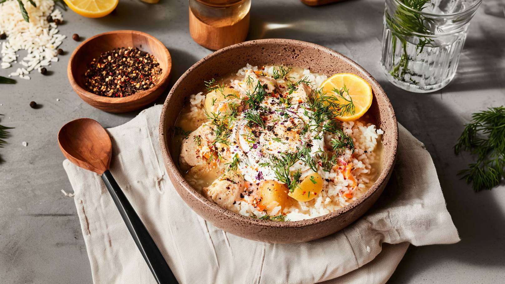 Eine Schüssel mit Reis, garniert mit Hähnchenstücken, einer cremigen Sauce, Dill und Zitronenscheiben. Daneben liegt ein Holzlöffel auf einem Tuch. Im Hintergrund sind Gewürze in einer kleinen Schüssel sichtbar.