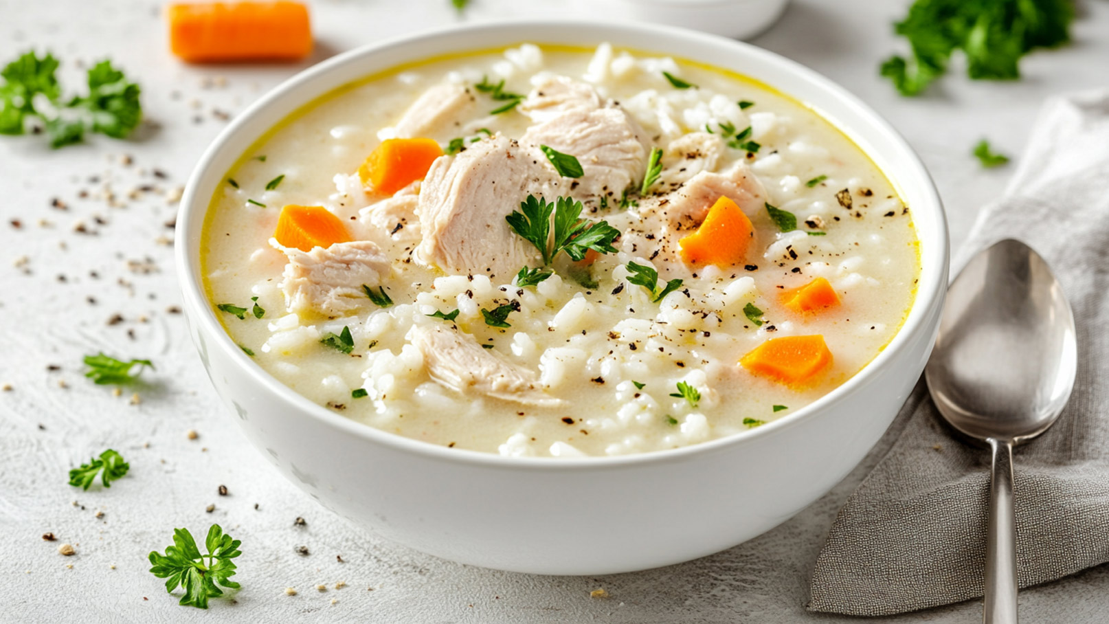 Eine Schüssel Hühnersuppe mit Reis, stückigem Hühnchen und Karottenwürfeln, garniert mit frischer Petersilie. Die Suppe wirkt cremig und warm, umgeben von einem schlichten grauen Untergrund. Ein Löffel liegt neben der Schüssel.