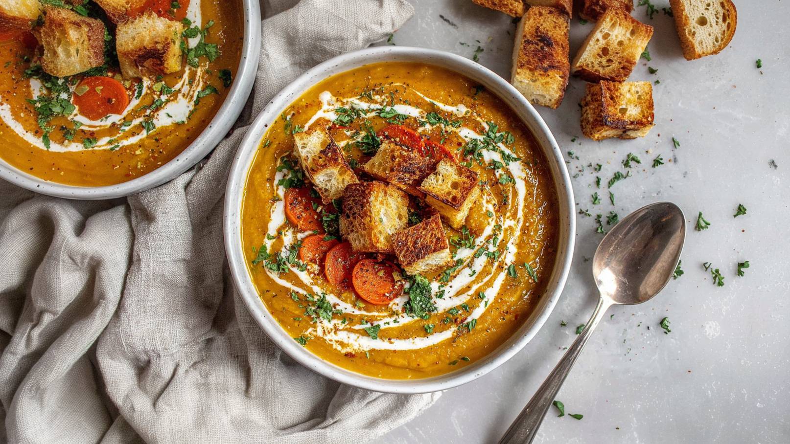 Eine cremige Karottensuppe in einer Schüssel, garniert mit geröstetem Brot, frischem Koriander und einem Schuss Sahne. Daneben liegt ein Löffel und einige unansehnliche Brotwürfel. Die Suppe hat eine leuchtend orange Farbe.