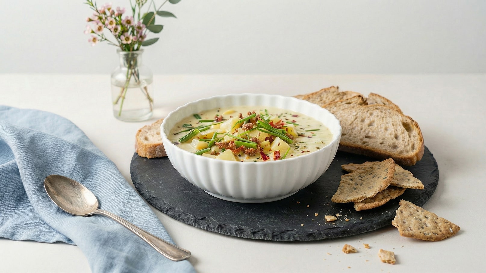 Eine weiße Schüssel mit cremiger Suppe, garniert mit Kartoffelstücken und Schnittlauch, steht auf einem schwarzen Steinuntersetzer. Daneben liegen Scheiben Vollkornbrot und knusprige Cracker. Im Hintergrund ist eine kleine Glasvase mit frischen Blumen zu sehen.