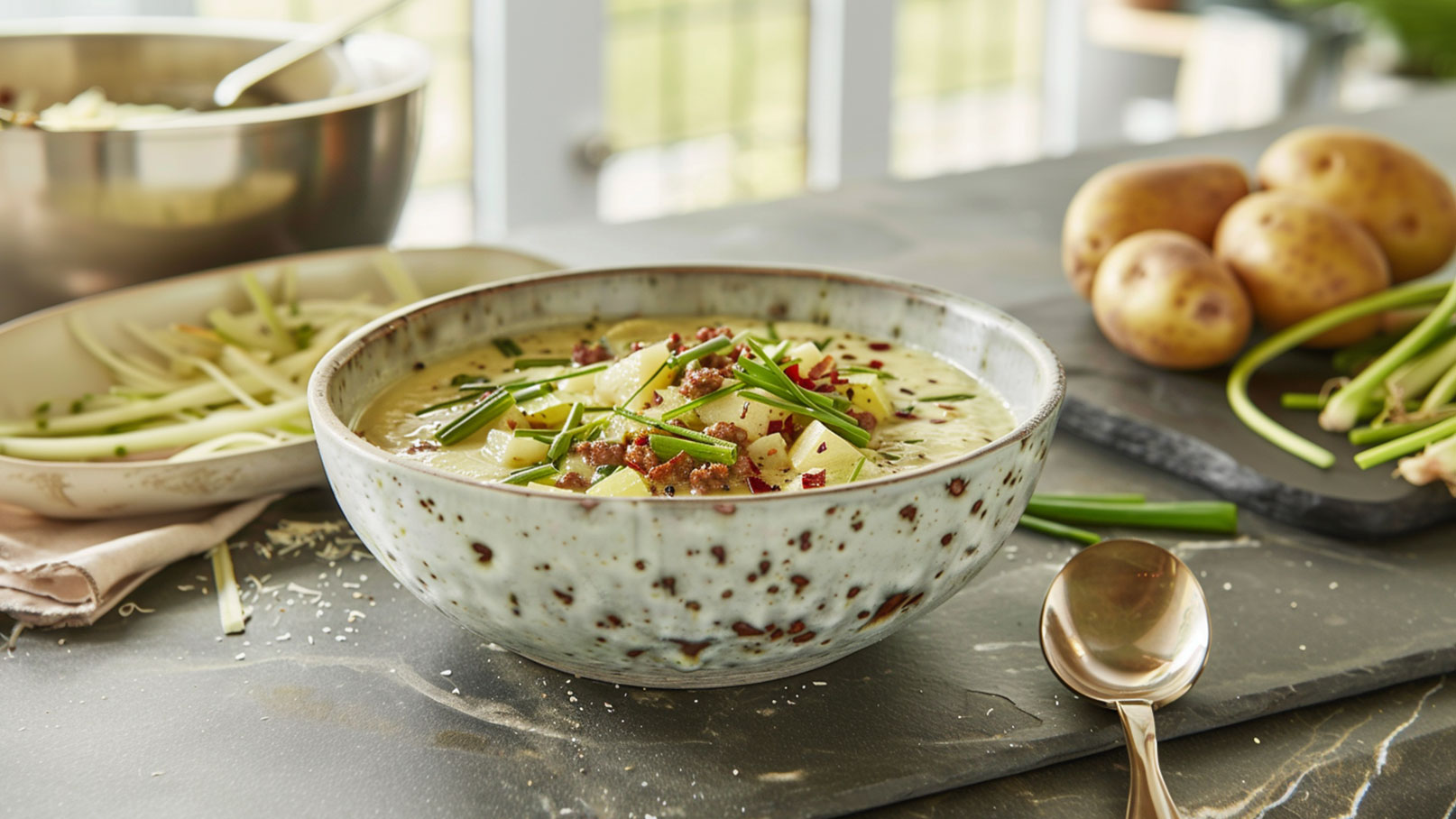 Eine Schüssel mit cremiger Kartoffelsuppe, garniert mit frischen Kräutern und kleinen Stückchen Wurst. Im Hintergrund sind eine große Schüssel, eine Platte mit geschnittenem Gemüse und einige Kartoffeln zu sehen. Der Tisch hat eine elegante, glatte Oberfläche.