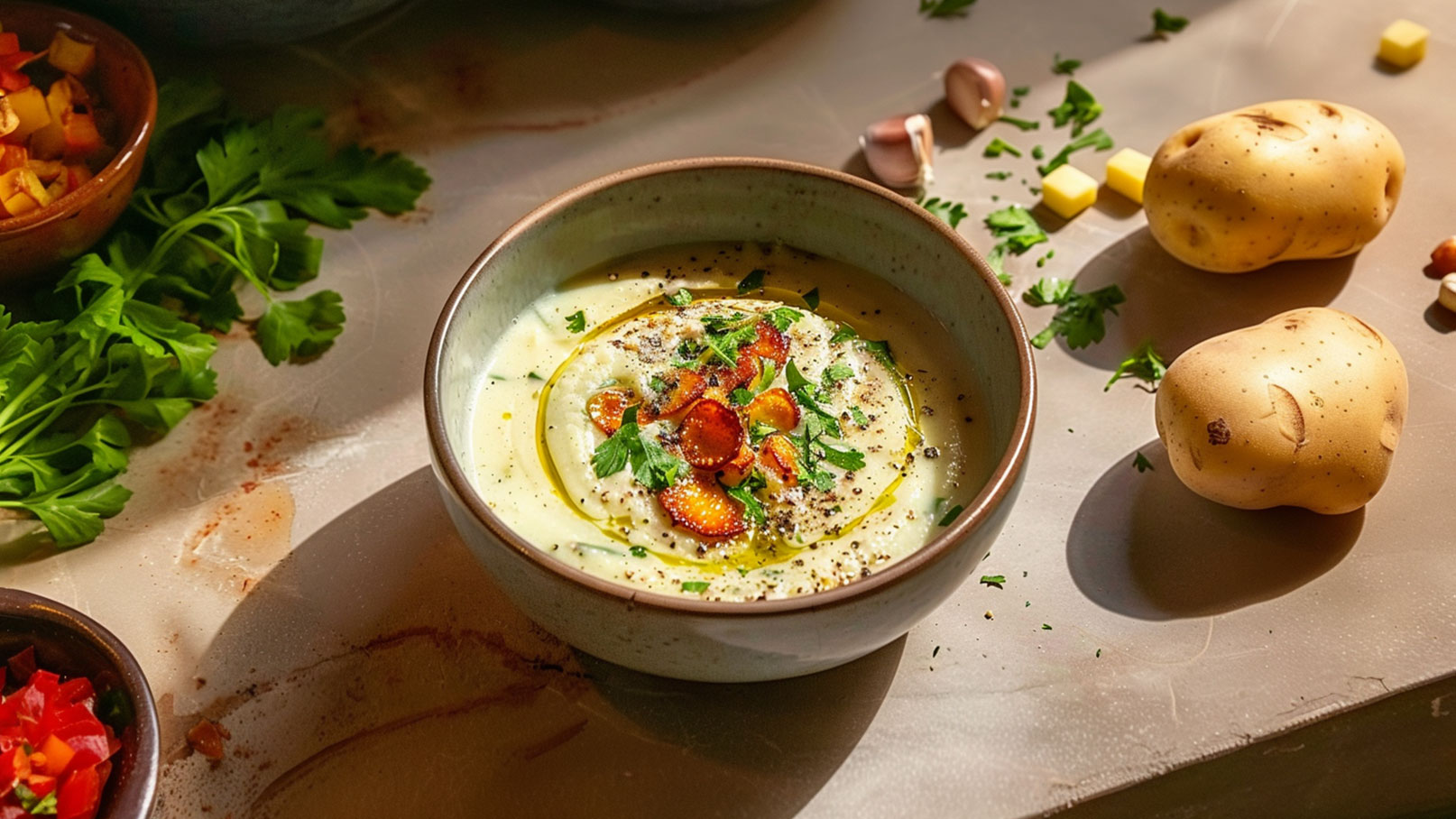 Eine Schüssel mit cremiger Suppe, dekoriert mit gebratenen Karotten, frischem Koriander und einem Schuss Olivenöl. Daneben liegen einige rohe Kartoffeln und geschnittenes Gemüse auf der Tischoberfläche. Das Licht fällt sanft auf die Zutaten und schafft eine ansprechende Atmosphäre.