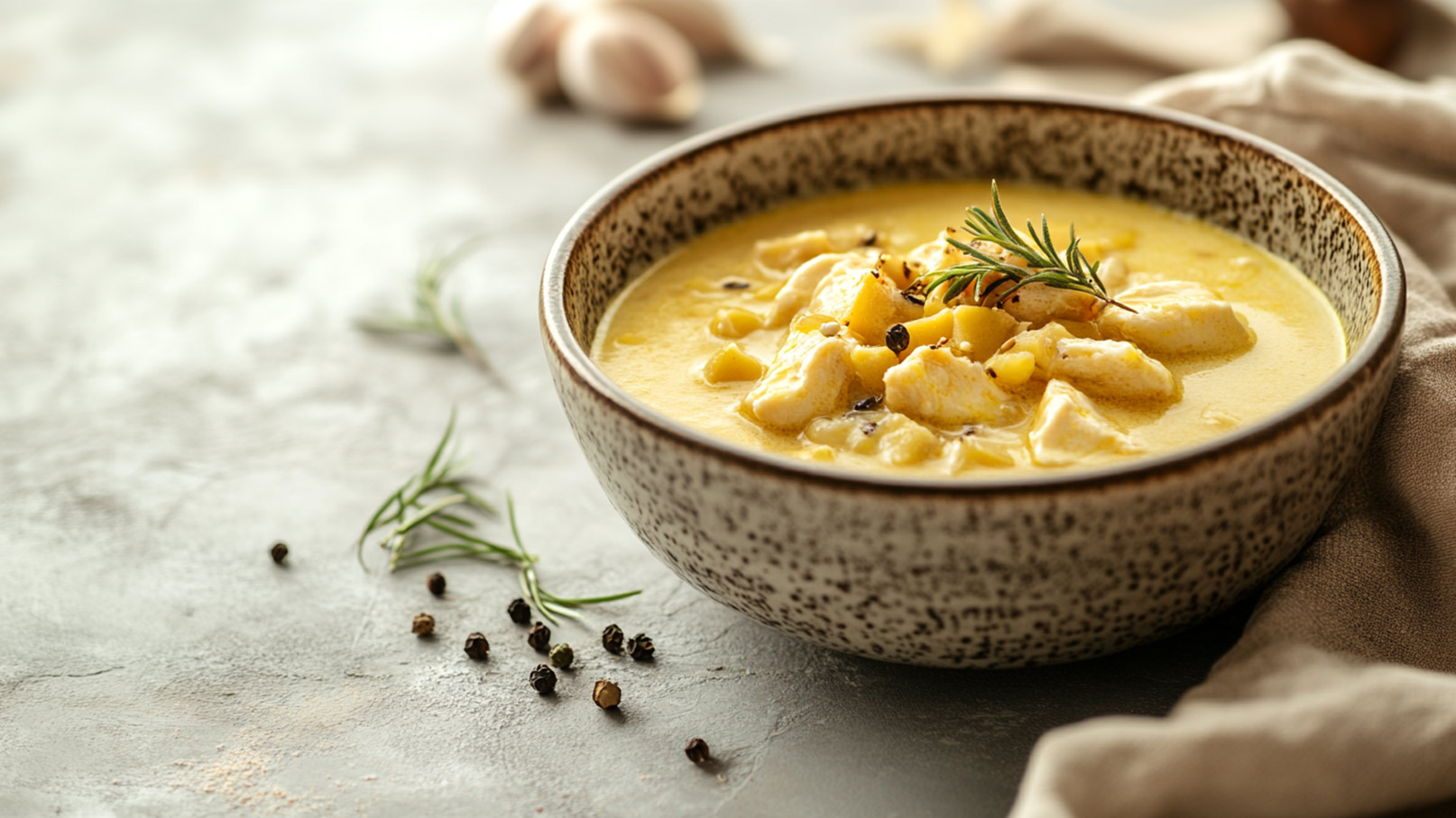 Eine Schüssel mit cremiger Suppe, in der Stücke von Hähnchen und Kartoffeln schwimmen. Oben ist ein Zweig Rosmarin dekoriert, umringt von einigen Pfefferkörnern. Der Hintergrund besteht aus einem neutralen, strukturierten Untergrund.