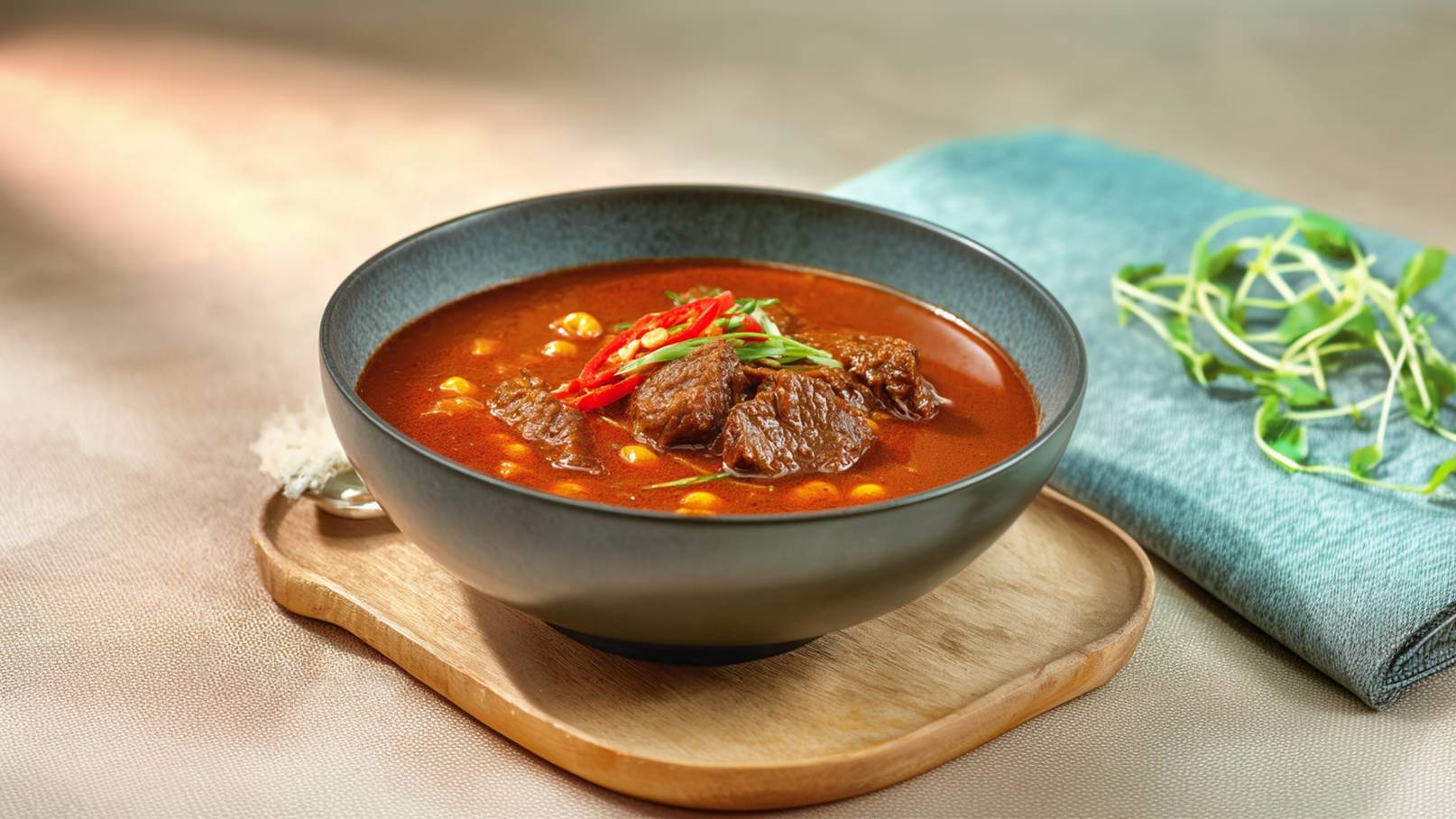 Eine schwarze Schüssel voller würziger Suppe mit zarten Rindfleischstücken, Maiskörnern und roten Chilischoten. Frische Frühlingszwiebeln sind ebenfalls darauf platziert. Die Schüssel steht auf einem Holzbrett, im Hintergrund ist ein grünes Tuch sichtbar.