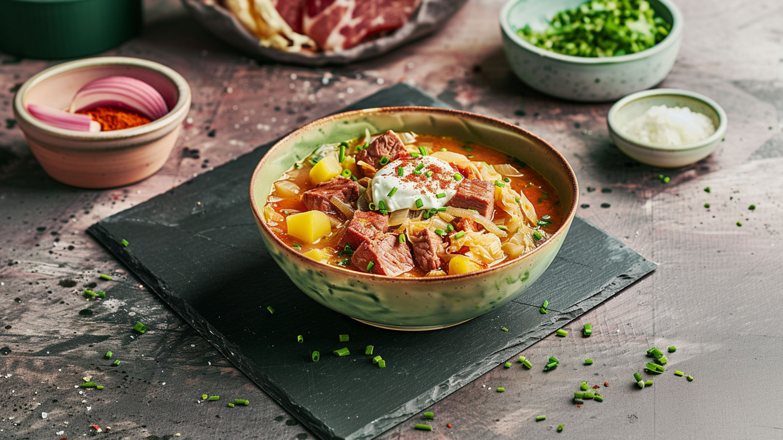 Eine große Schüssel Suppe mit Stückchen von Fleisch, Kartoffeln und Gemüse, garniert mit Sauerrahm und Schnittlauch. Die Suppe ist in einer grünen Schüssel serviert und steht auf einem schwarzen Untertablett. Um die Schüssel liegen verschiedene Gewürze und Kräuter.