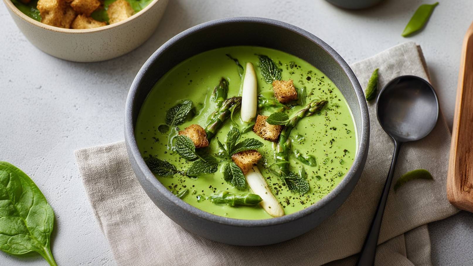 Eine grüne Suppe in einer dunklen Schüssel, garniert mit Spargelstücken, frischen Minzblättern und knusprigen Brotcroutons. Die Suppe hat eine cremige Konsistenz und wird auf einem hellen Tisch serviert, umgeben von einem Löffel und einem kleinen Schälchen.