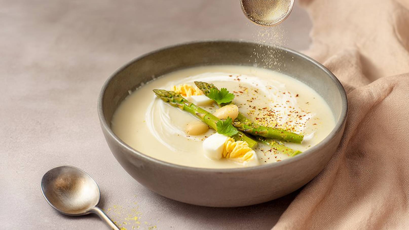 Eine Schüssel cremige Suppe mit Spargel, gekochten Eiern und weißen Bohnen. Die Suppe wird mit frischem Koriander und Gewürzen garniert. Ein Löffel liegt neben der Schüssel. Die Präsentation ist ansprechend und einladend.