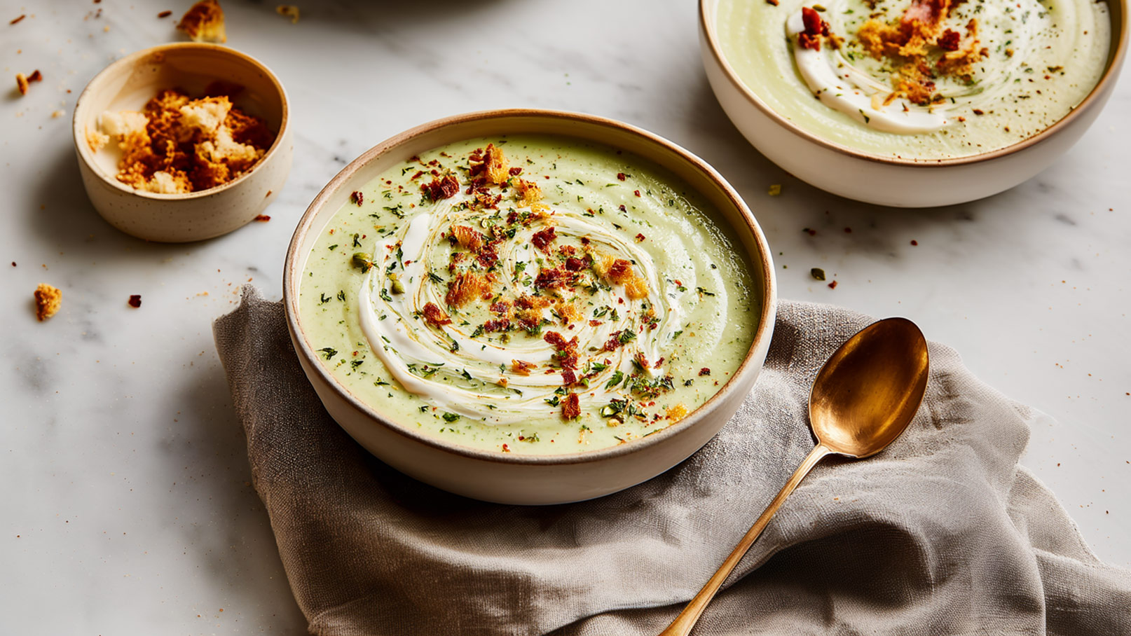 Eine cremige grüne Suppe in einer beige Schale, dekoriert mit Sahne, Kräutern und knusprigen Brotstückchen. Daneben liegt ein Goldlöffel auf einem grauen Tuch. Im Hintergrund ist eine zweite Schale mit ähnlicher Suppe zu sehen.