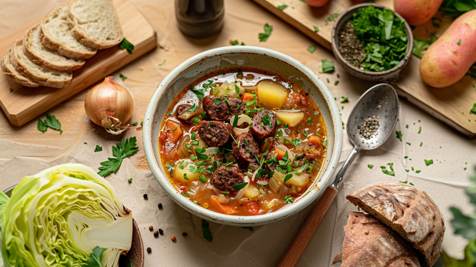 Eine Schüssel mit herzhafter Suppe, gefüllt mit Fleischstücken, Kartoffeln, Karotten und Kräutern, steht auf einem Tisch. Neben der Schüssel liegen frisches Brot, eine Zwiebel und geschnittenes Gemüse. Die Suppe ist mit frischer Petersilie garniert.