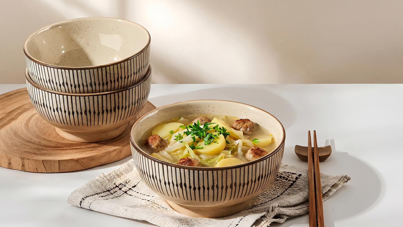 Eine Schüssel mit einer warmen Suppe, die Kartoffeln und Fleischstücke enthält, steht auf einem Tisch. Neben der Schüssel liegen Essstäbchen und ein Tischset. Im Hintergrund sind drei weitere, leere Schalen gestapelt.