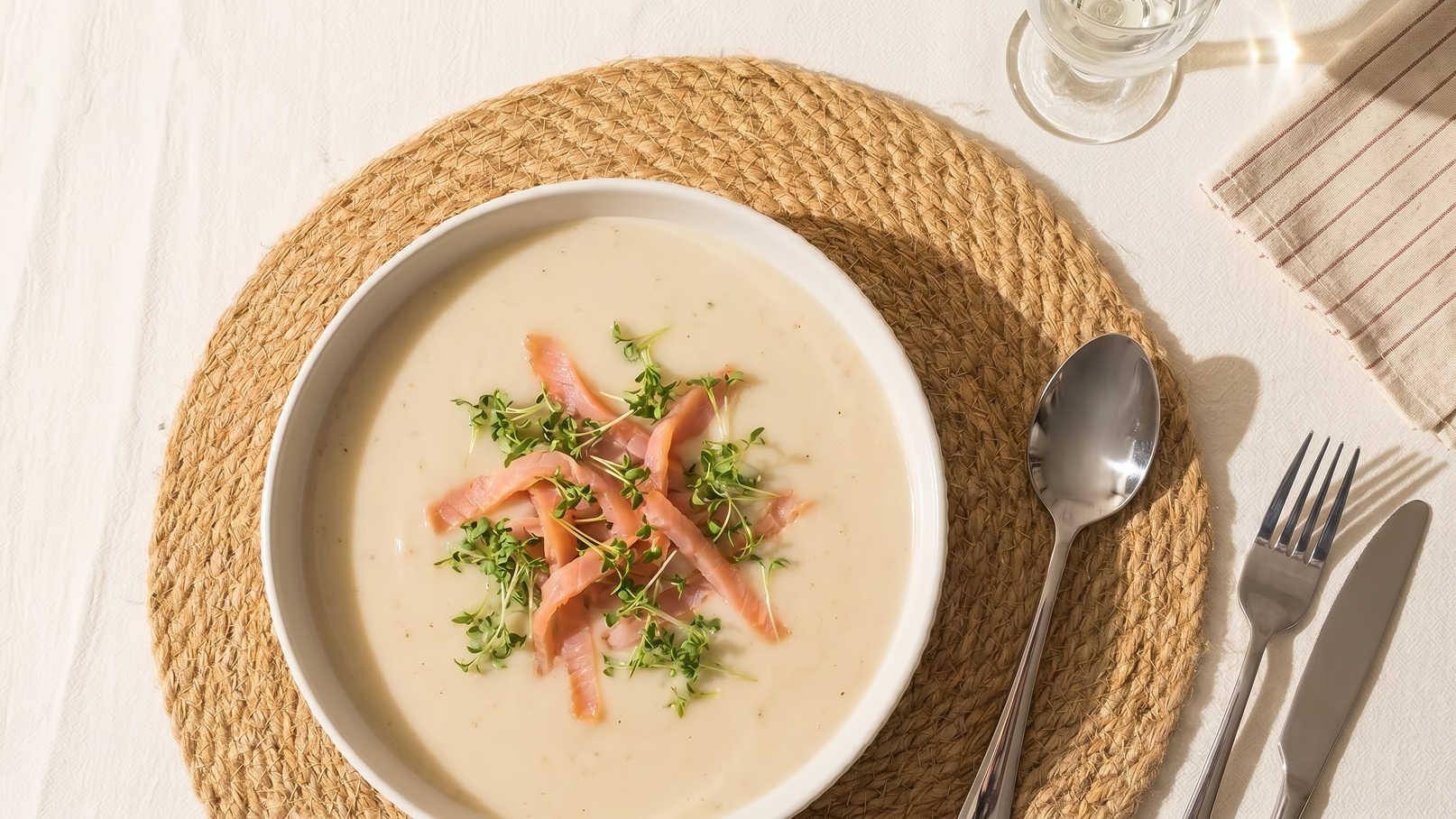 Eine Schüssel mit cremiger Suppe, garniert mit dünnen Streifen von Räucherlachs und frischen Kräutern. Die Schüssel steht auf einem runden, geflochtenen Untersetzer. Daneben liegen Besteck und ein Gläser mit Wasser. 