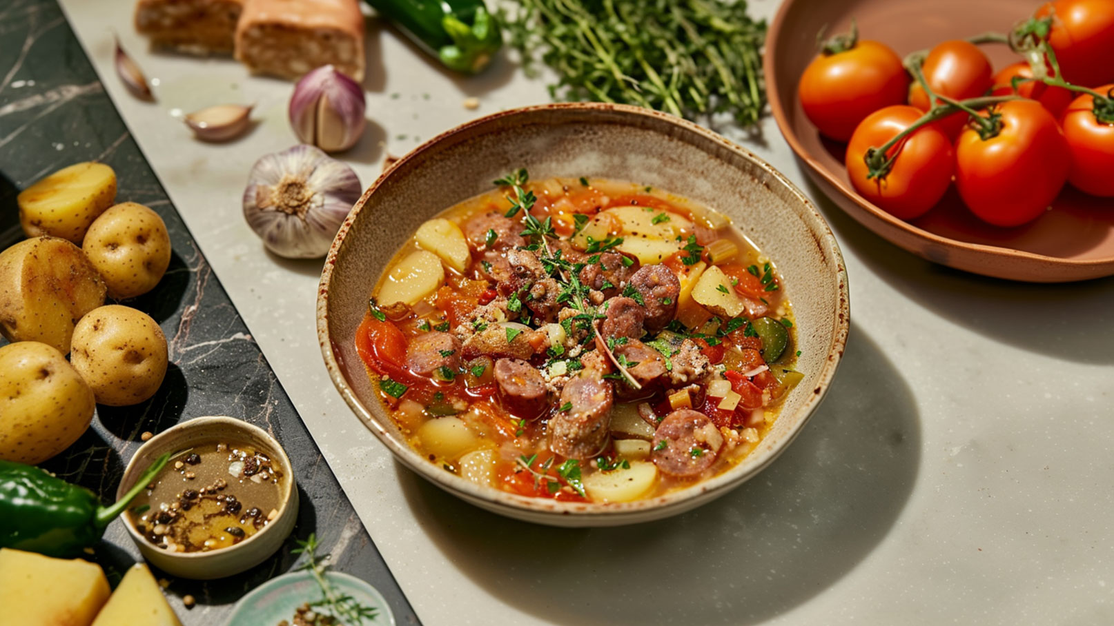 Eine Schüssel mit herzhaftem Eintopf, gefüllt mit Kartoffeln, Tomaten und Wurststücken, garniert mit frischen Kräutern. Im Hintergrund sind weitere Zutaten wie Knoblauch und Tomaten sichtbar. Der Eintopf zeigt lebendige Farben und eine einladende Textur.