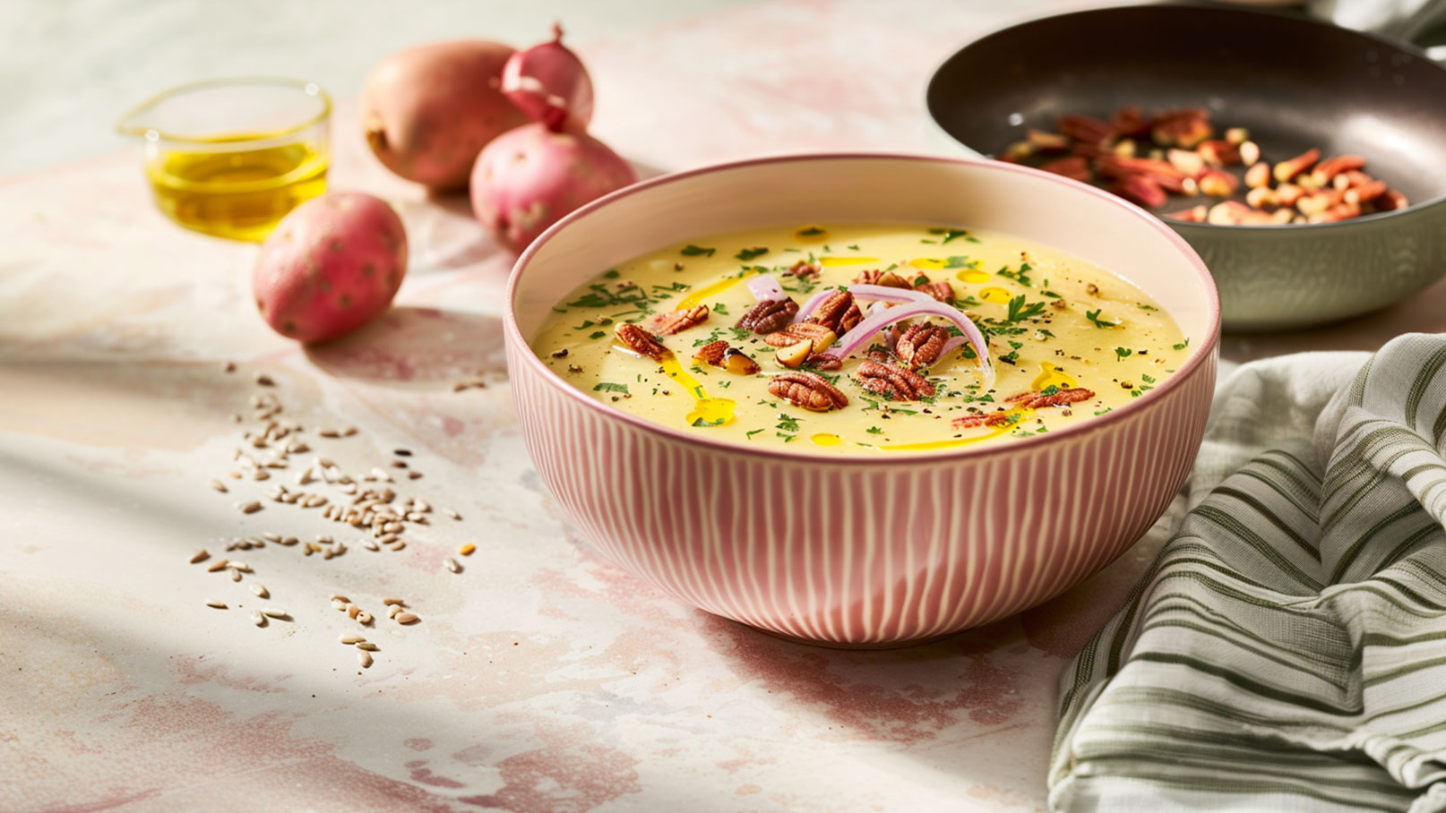 Eine große, rosa-gestreifte Schüssel mit cremiger Suppe, garniert mit gehackten Pecannüssen und Zwiebelringen. Im Hintergrund sind einige kleine Kartoffeln und eine Pfanne mit gerösteten Nüssen zu sehen. Die Szene ist von sanftem Licht beleuchtet.