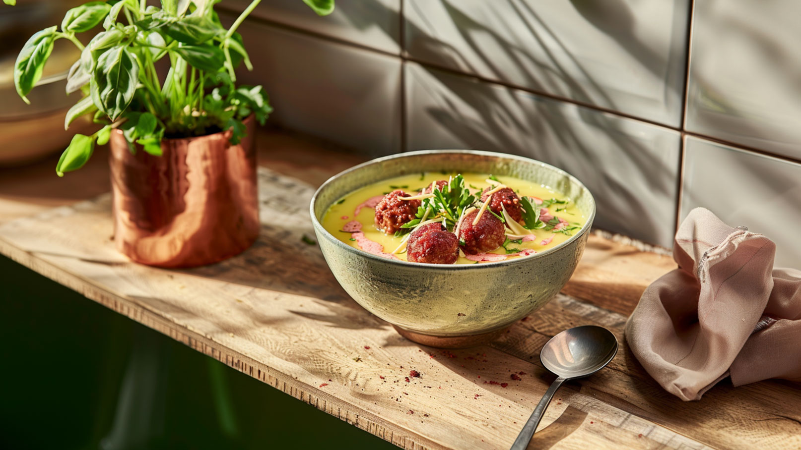 Eine Schüssel mit gelber Suppe, in der sich Fleischbällchen befinden, ist auf einem Holztisch platziert. Frische Kräuter und kleine Stücke roter Zwiebel sind auf der Suppe. Daneben steht ein silberner Löffel und ein gefaltetes, rosa Tuch. Ein kleiner Topf mit Basilikum ist im Hintergrund sichtbar.