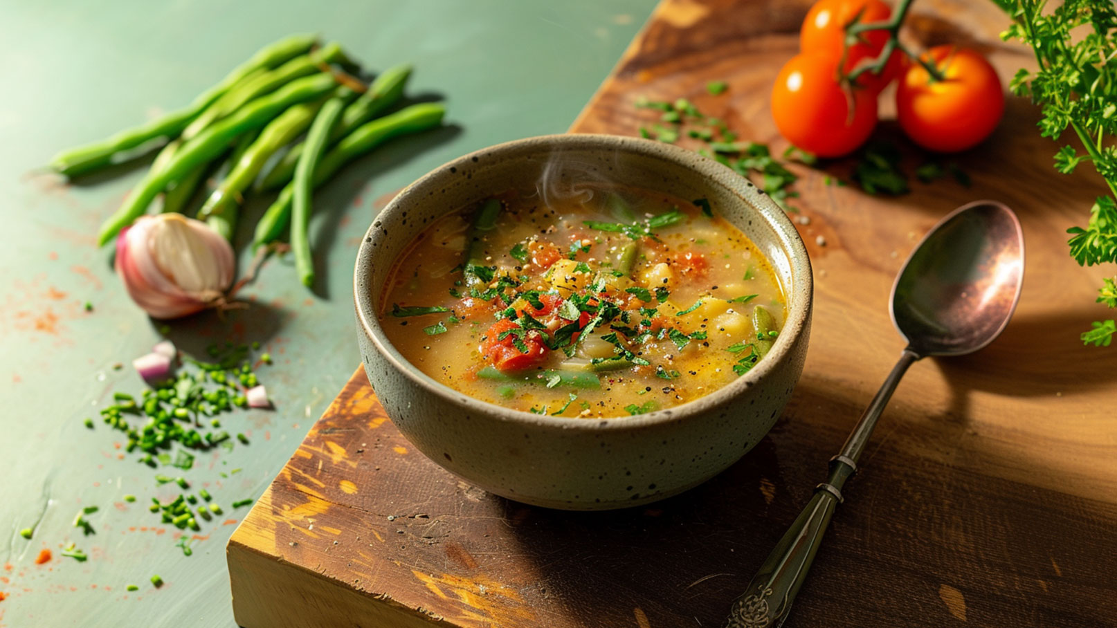 Eine dampfende Schüssel Suppe steht auf einem Holzbrett. Die Suppe enthält Gemüse und ist mit frischen Kräutern garniert. Neben der Schüssel liegen grüne Bohnen, eine Knoblauchzehe und einige gehackte Kräuter, die für die Zubereitung verwendet wurden.