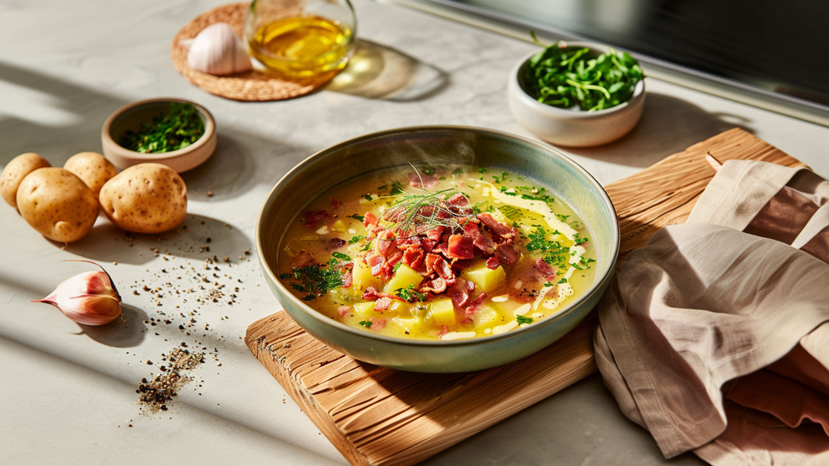 Eine Schüssel dampfender Suppe mit Kartoffeln und speckigen Stückchen, garniert mit frischen Kräutern. Die Suppe befindet sich auf einem Holzbrett, umgeben von Kartoffeln, einer Knoblauchzehe, und einer kleinen Schale mit frischen Kräutern. Der Hintergrund ist hell und einladend.