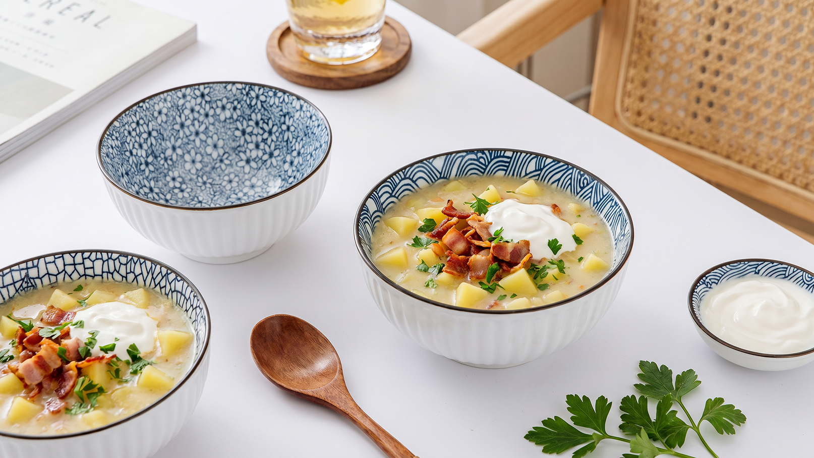 Drei Schüsseln mit Kartoffelsuppe sind auf einem Tisch angeordnet. Zwei Schüsseln sind voll mit Suppe, garniert mit Speck, saurer Sahne und frischer Petersilie. Eine kleinere Schüssel enthält saure Sahne. Im Hintergrund steht ein Glas Bier und ein Buch liegt auf dem Tisch.