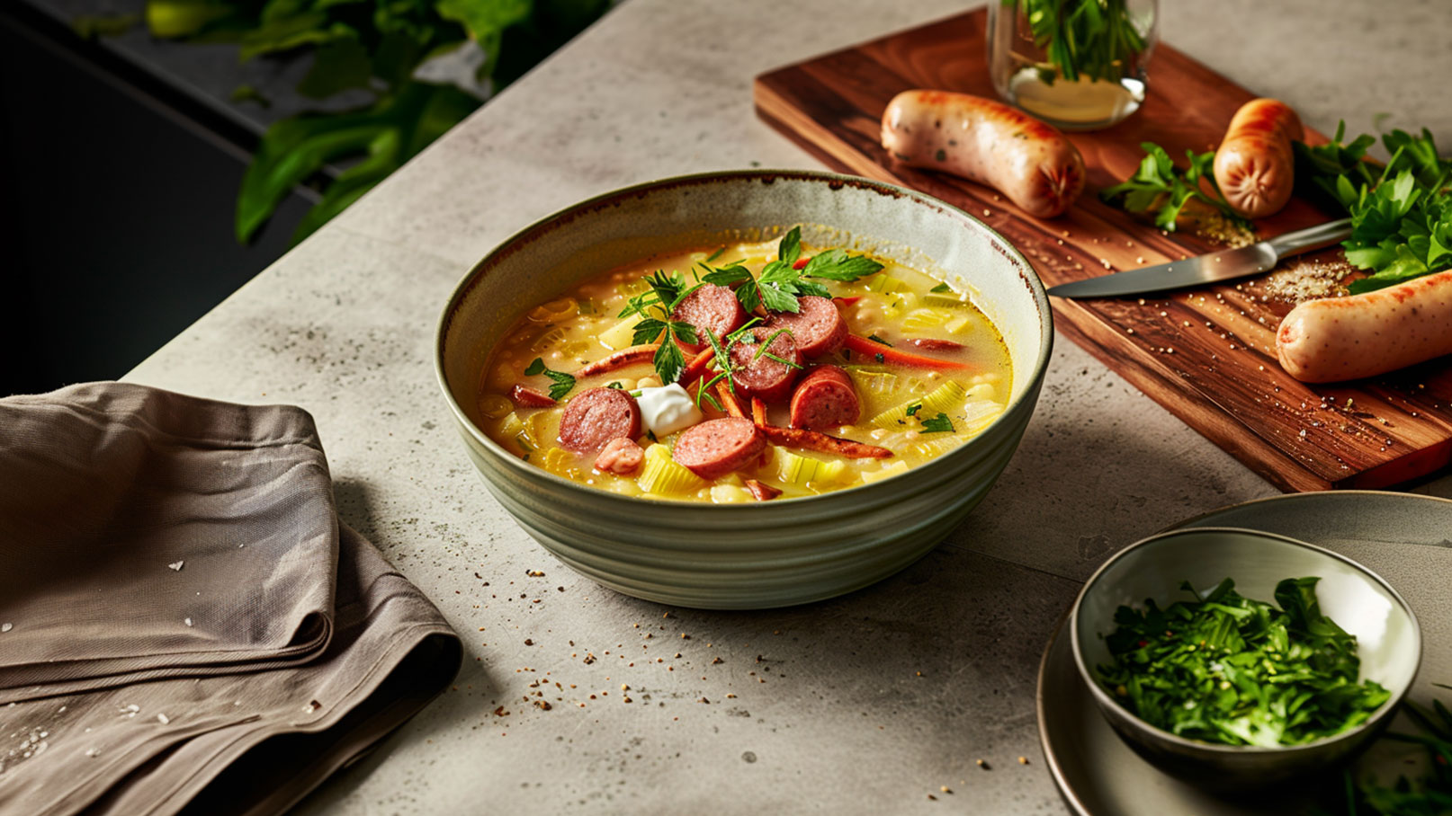 Eine Schüssel mit dampfender Suppe, garniert mit Scheiben von Wurst und frischen Kräutern. Daneben liegen eine Serviette und ein kleiner Teller mit gehacktem Gemüse. Im Hintergrund sind weitere Würste und ein Holzbrett zu sehen.