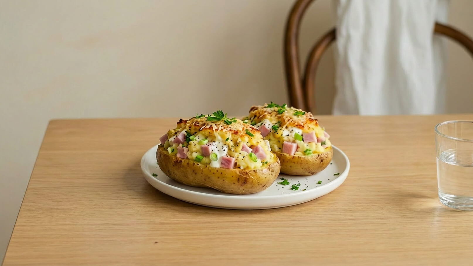 Auf einem Teller liegen zwei gefüllteOfenkartoffeln. Sie sind mit einer cremigen Mischung aus Käse, Schinken und Frühlingszwiebeln überbacken. Frische Petersilie und schwarze Pfefferkörner sind als Garnitur sichtbar. Daneben steht ein Glas Wasser auf einem Holzertisch.