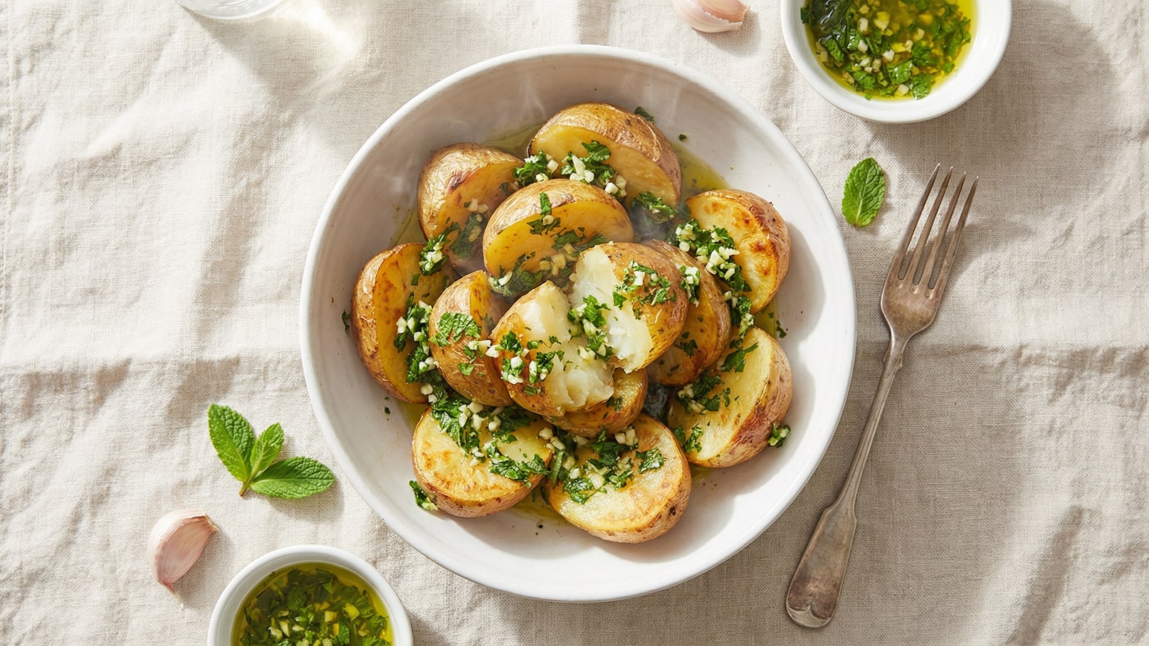 Ein Teller mit gebratenen Kartoffeln, die in der Mitte aufgeschnitten sind und mit frischem, gehacktem Knoblauch und Kräutern garniert sind. Daneben steht eine kleine Schüssel mit einer grünen Kräutersoße. Im Hintergrund ist eine Gabel sichtbar.