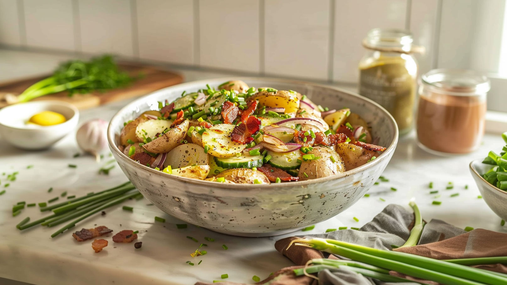 Eine große Schüssel mit einem Kartoffelsalat, der aus kleinen Kartoffeln, Gurken, roten Zwiebeln und Speckstücken besteht. Der Salat ist mit frischem Schnittlauch und Pfeffer garniert. Im Hintergrund sind einige Zutaten zu sehen.