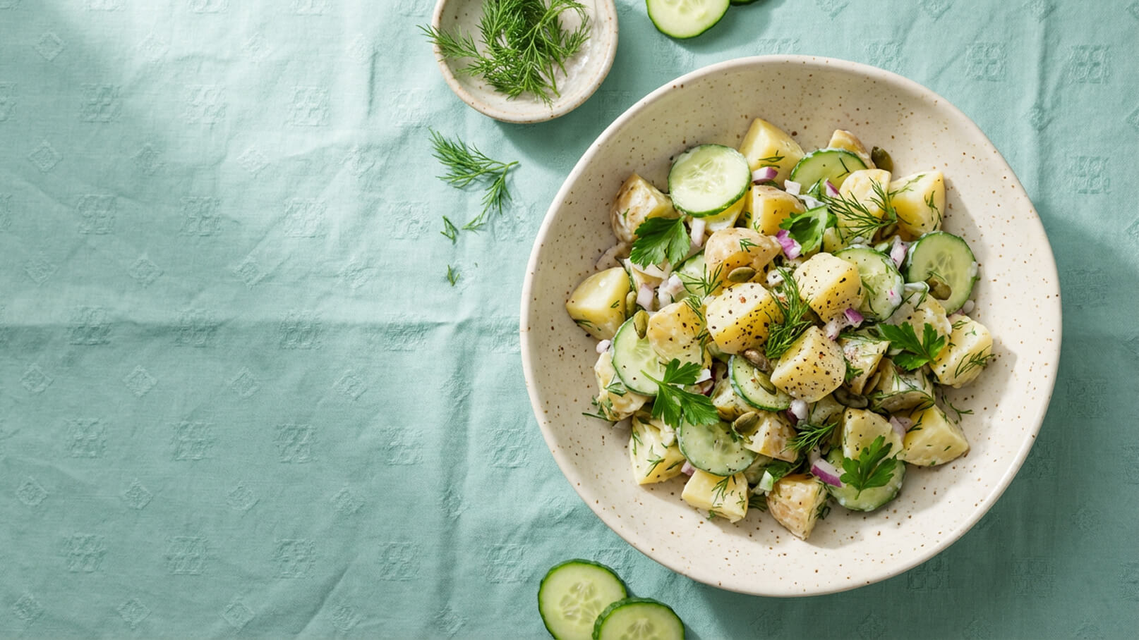 Eine Schüssel mit Kartoffelsalat, der aus gewürfelten Kartoffeln, Gurken, Zwiebeln und frischen Kräutern besteht. Der Salat ist mit grüner Petersilie und Dill garniert und auf einem hellen, strukturierten Tischtuch platziert.