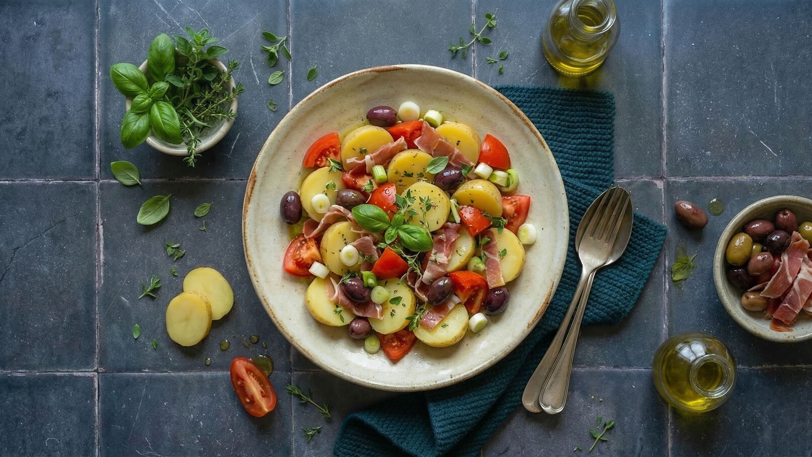 Ein Teller mit einem bunten Kartoffelsalat, der mit Tomaten, Oliven und dünn geschnittenem Schinken garniert ist. Frische Kräuter, darunter Basilikum, zieren das Gericht. Neben dem Teller sind eine Gabel, ein grünes Tuch und eine kleine Schale mit weiteren Oliven zu sehen.