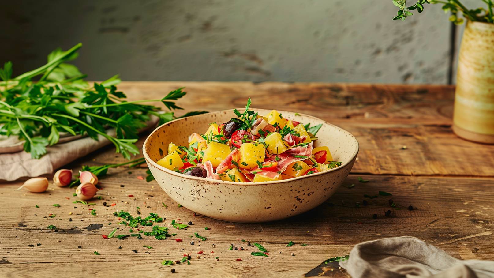 Eine Schüssel mit buntem Salat aus Würfeln von Kartoffeln, Tomaten, Oliven und Schinken, garniert mit frischen Kräutern. Der Salat ist ansprechend angerichtet und steht auf einem rustikalen Holztisch.