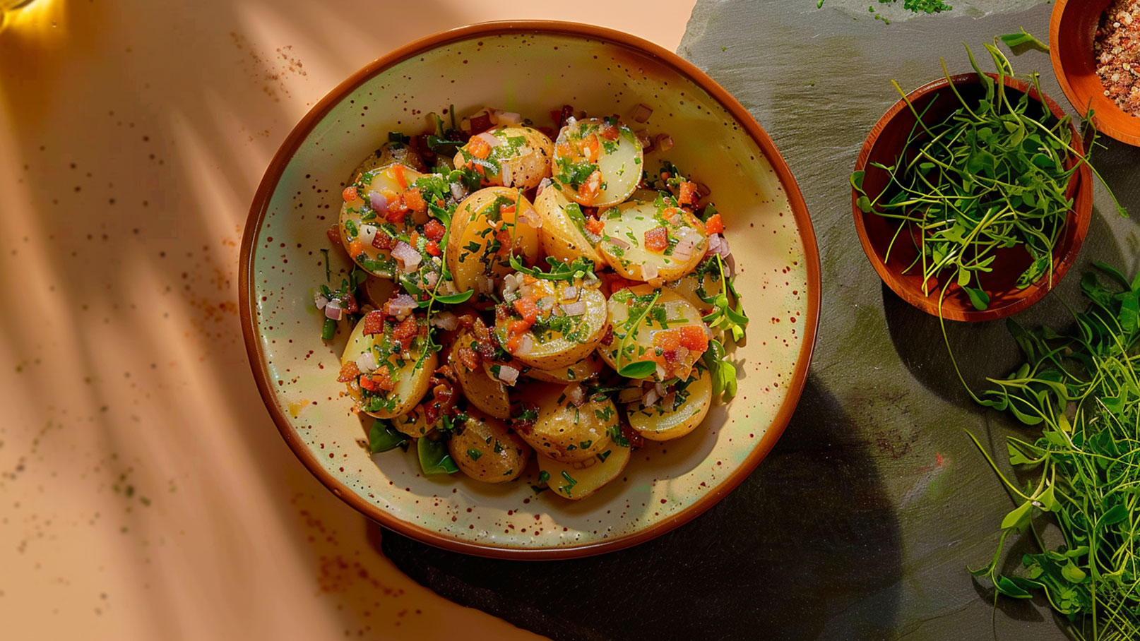 Eine dekorative Schüssel mit Kartoffelsalat ist im Mittelpunkt. Der Salat enthält kleine, geschnittene Kartoffeln, gewürfelte Tomaten, Zwiebeln und frische Kräuter. Daneben befinden sich kleine Schalen mit weiteren Kräutern und Gewürzen auf einem dunklen Untergrund.