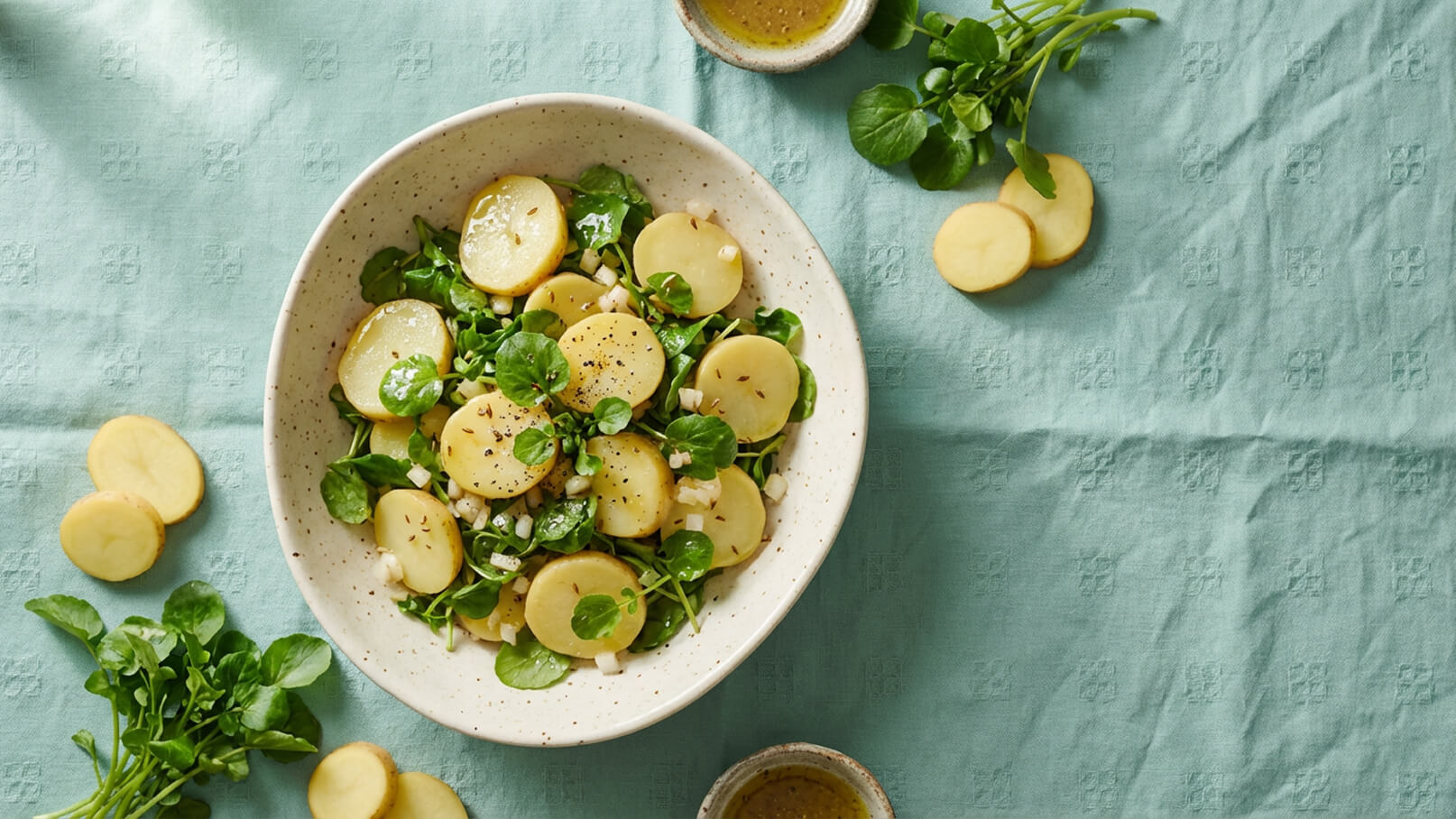 Eine Schüssel mit Kartoffelsalat ist auf einem hellblauen Tuch platziert. Der Salat besteht aus Scheiben gekochter Kartoffeln, frischen Blättern von Brunnenkresse und kleinen Zwiebelstücken, nachgewürzt mit Pfeffer. Daneben befinden sich einige zusätzliche Kartoffelscheiben und ein kleines Schälchen mit Dressing.