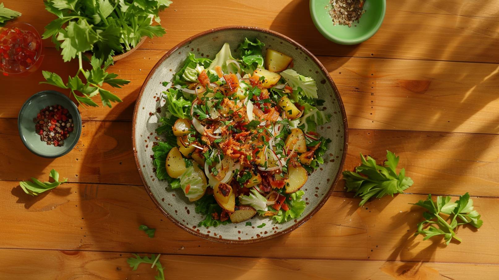 Ein bunter Salat auf einem Teller, bestehend aus frischem Blattgrün, Kartoffeln und verschiedenen Kräutern. Der Salat ist mit gehackten Zwiebeln, Kräutern und Gewürzen garniert. Im Hintergrund sind einige Gewürze und frische Kräuter sichtbar.