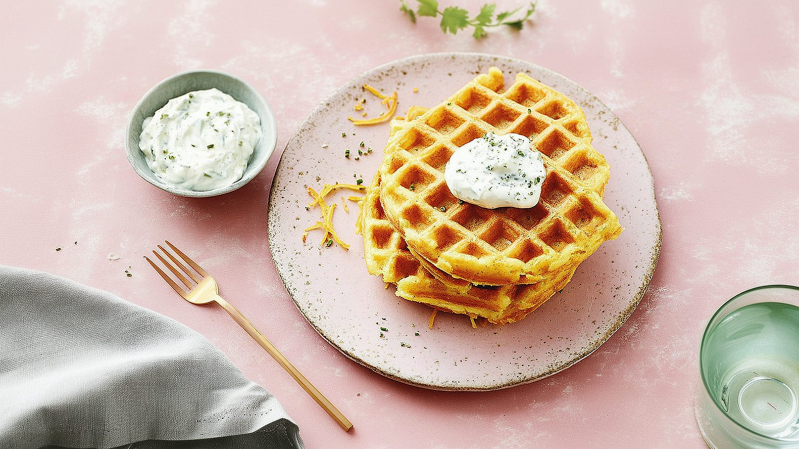 Ein Teller mit drei Waffeln, die mit einer Sahne aus Joghurt und Kräutern garniert sind. Daneben steht eine kleine Schüssel mit weiterer Sahne. Der Hintergrund ist rosa und es liegt ein goldener Löffel neben dem Teller.