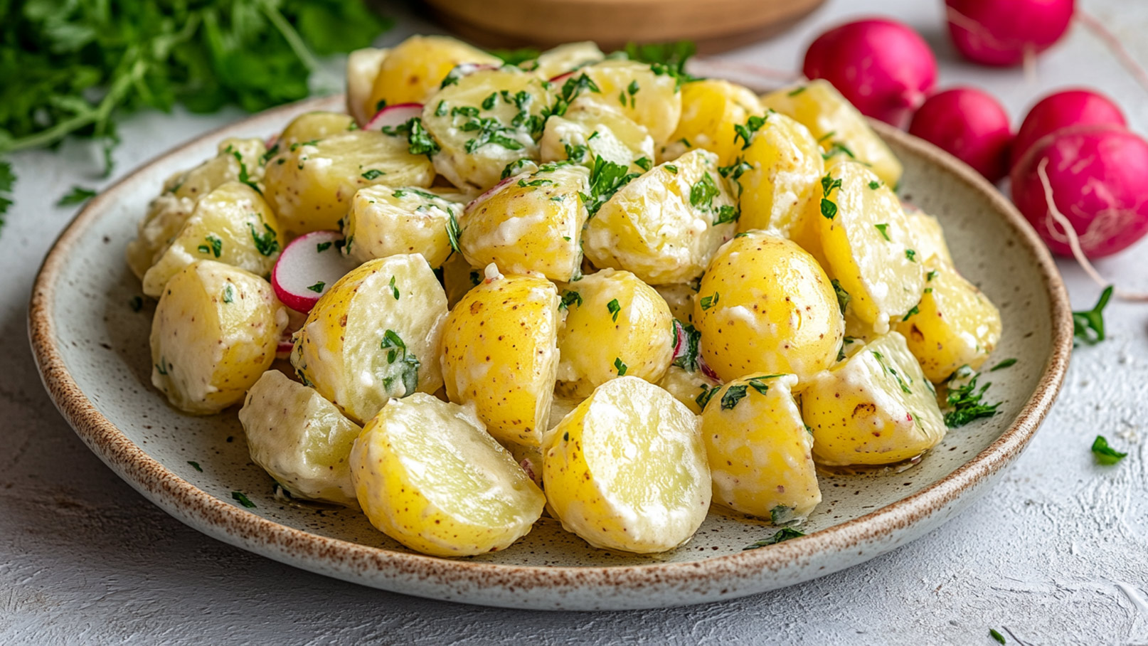 Ein Teller mit cremigem Kartoffelsalat, der aus halbierten, gekochten Kartoffeln besteht. Der Salat ist mit frischen Kräutern garniert und enthält auch einige Radieschenstücke. Der Hintergrund zeigt leicht unscharfes Gemüse.