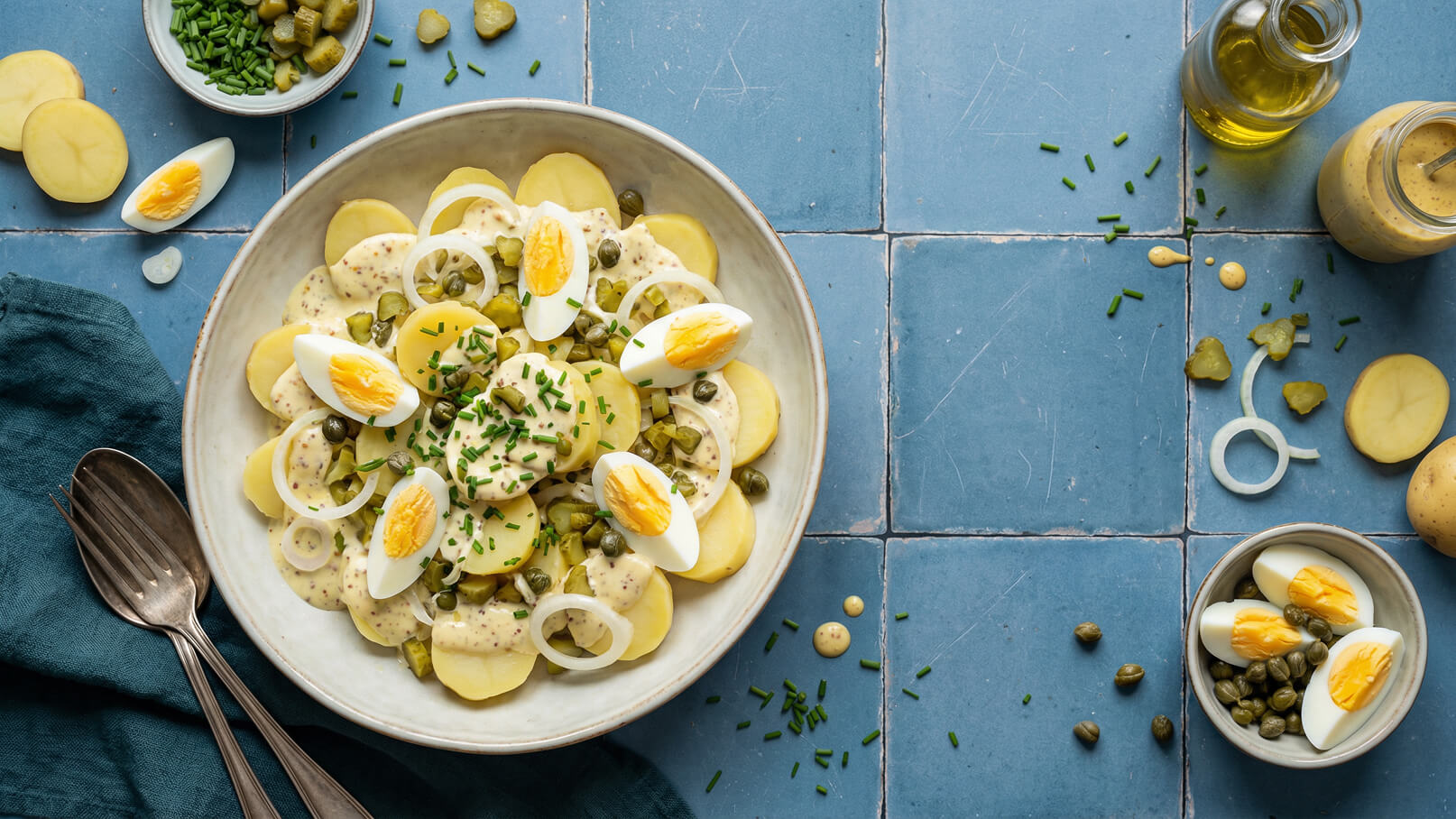 Ein Teller Kartoffelsalat mit Scheiben von gekochten Eiern, Zwiebeln, Kapern und Gewürzgurken, garniert mit frischem Schnittlauch. Der Hintergrund ist blau-gefliest, während Besteck und einige Zutaten außerhalb des Tellers platziert sind.