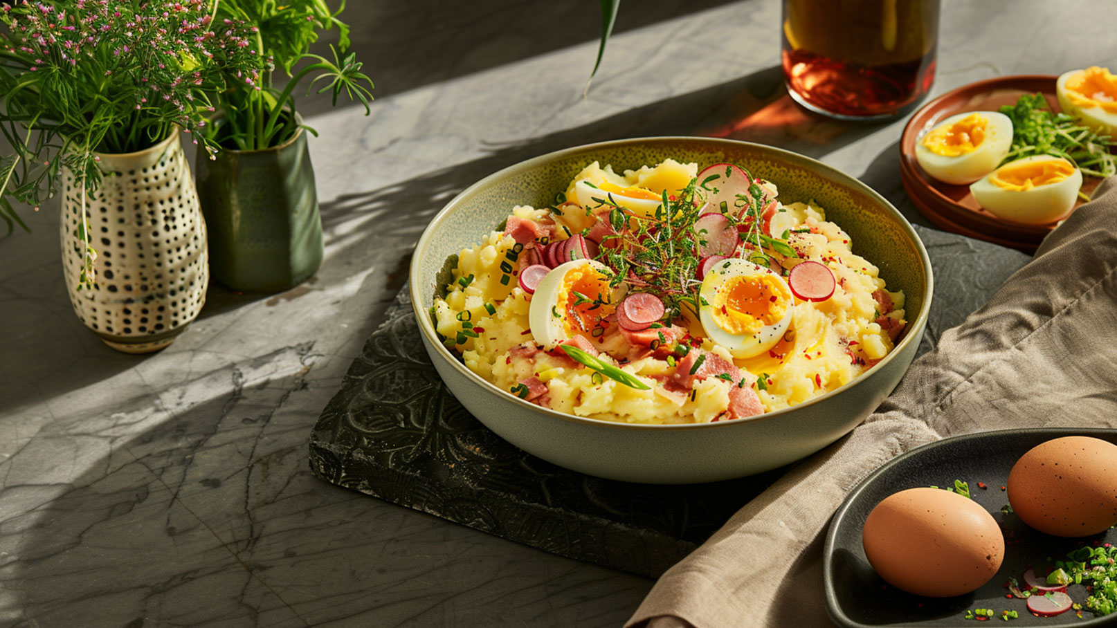 Eine Schüssel mit Kartoffelsalat, garniert mit halbierten Eiern, Radieschen und frischen Kräutern, steht auf einem Tisch. Daneben liegen zwei Eier auf einem Teller. Im Hintergrund sind grüne Pflanzen in Vasen zu sehen.