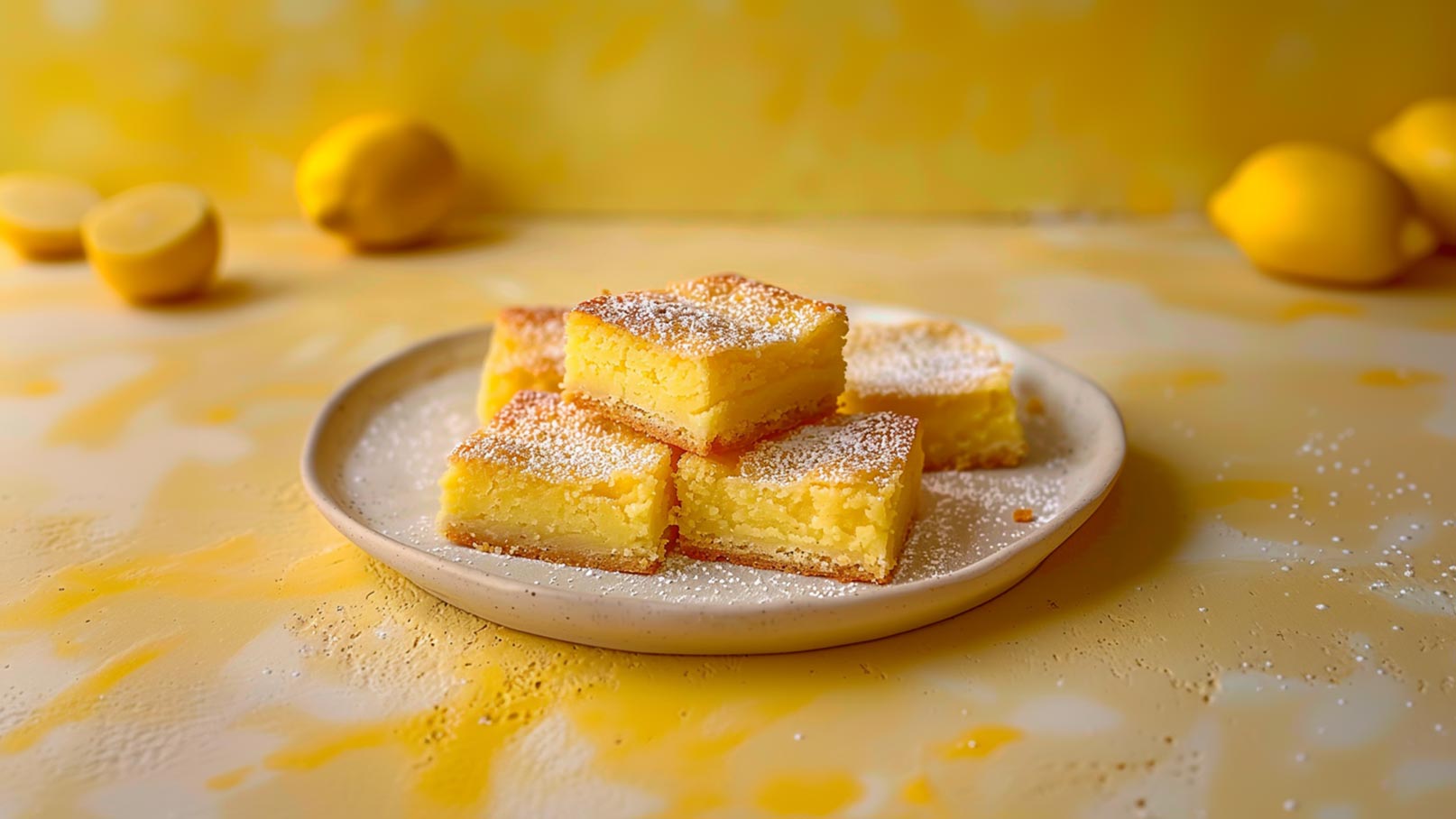 Auf einem runden Teller liegen mehrereQuadrate von Zitronenkuchen, die leicht mit Puderzucker bestäubt sind. Der Hintergrund ist in sanften Gelbtönen gehalten, ergänzt durch einige frische Zitronen. Der Fokus liegt auf der saftigen Textur des Kuchens.