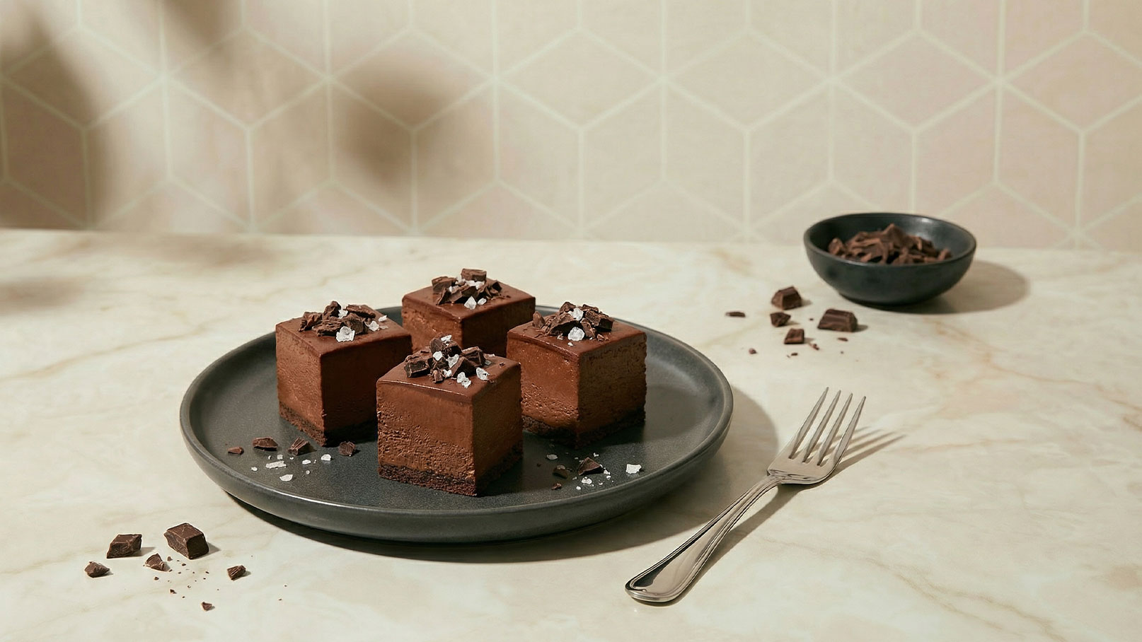 Ein schwarzer Teller mit vier schokoladigen Würfeln, die mit Schokoladenspänen und einer Prise Salz dekoriert sind. Daneben liegt eine Gabel und im Hintergrund ist eine kleine Schale mit Schokoladenspänen sichtbar. Die Oberfläche hat einen marmorierten Look.