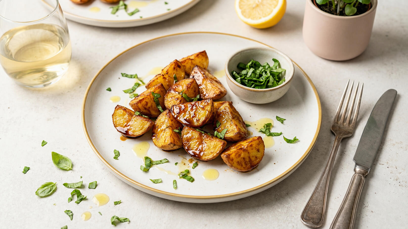 Ein Teller mit gebratenen Kartoffelspalten, garniert mit frischem Basilikum und einem Spritzer Öl. Neben dem Teller befindet sich eine kleine Schüssel mit gehacktem Basilikum. Im Hintergrund ist ein Glas Weißwein zu sehen.