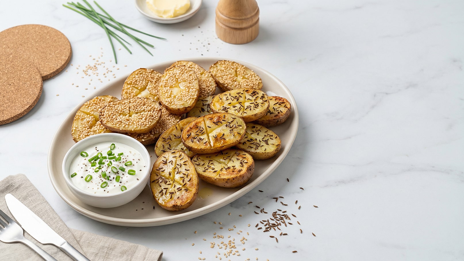 Ein Teller mit goldbraun gebackenen Kartoffelscheiben, einige mit Sesam bestreut und andere mit Kreuzkümmel. Dazu ein Schälchen mit cremigem Dip, garniert mit frischem Schnittlauch. Der Hintergrund ist hell und neutral.
