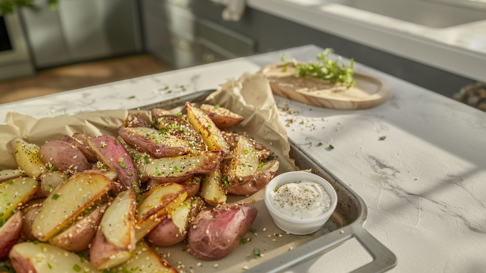 Ein Blech mit knusprig gebratenen Kartoffelspalten in verschiedenen Farben, garniert mit Sesam und frischen Kräutern. Rechts befindet sich eine kleine Schale mit einer cremigen Sauce. Der Hintergrund zeigt eine moderne Kücheneinrichtung.