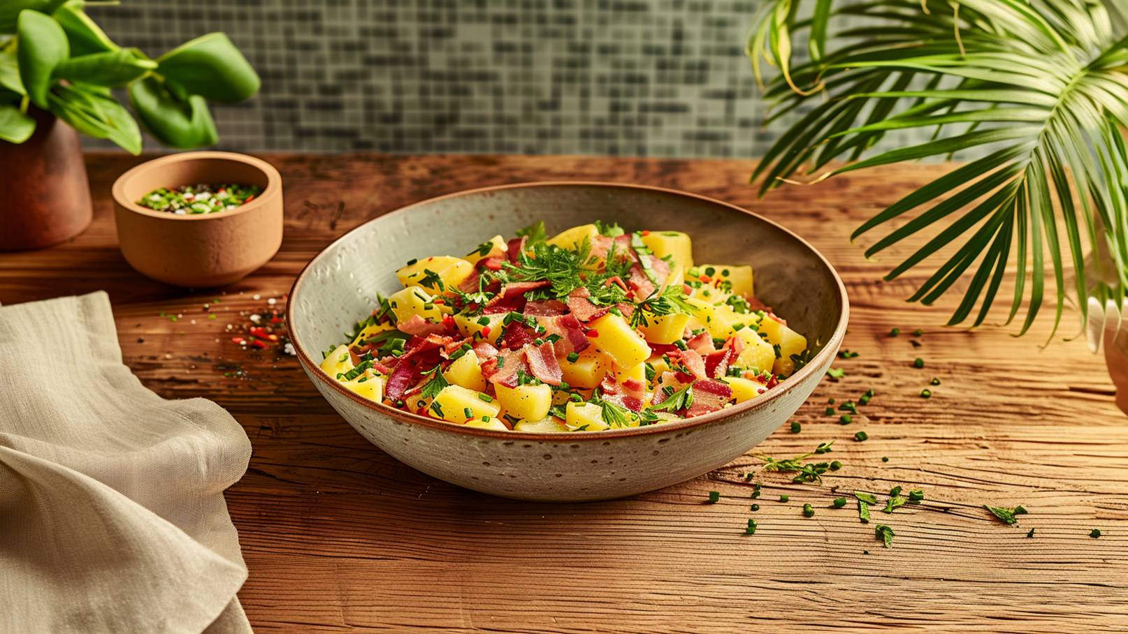 Eine Schüssel mit Kartoffelsalat, garniert mit Speck und frischen Kräutern, steht auf einem Holztisch. Daneben befindet sich ein kleiner Topf mit gehackten Zutaten. Die Szenerie strahlt eine einladende Atmosphäre aus.