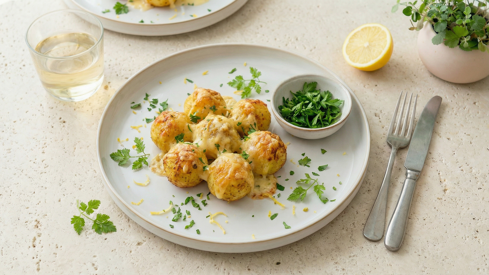 Auf einem weißen Teller befinden sich sieben goldbraune, gefüllte Bällchen, die mit geschmolzenem Käse überzogen sind. Daneben steht eine kleine Schüssel mit frischem, gehacktem Koriander. Der Teller ist mit frischen Kräutern dekoriert, und im Hintergrund ist ein Glas Wasser zu sehen.